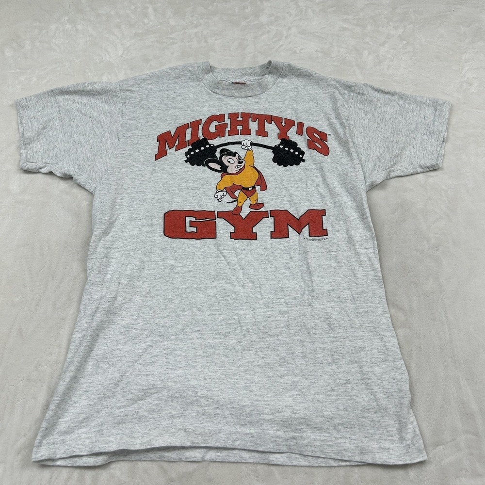 Fruit of the Loom Mighty Mouse Gym T-Shirt Mens XL Gray Vintage Graphic Tee